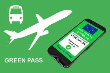 smartphone with the digital green pass for Covid-19 of the European Union on a green background...