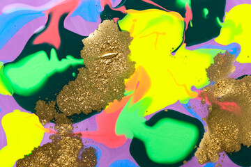 Abstract fluorescent ink mix with gold dust.