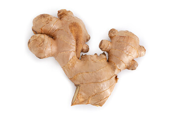 Fresh ginger root on white background, herb medical concept, Top view.