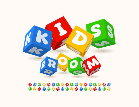 Vector colorful logo Kids Room with cute blocks Alphabet Letter and Numbers. 3D playful Font