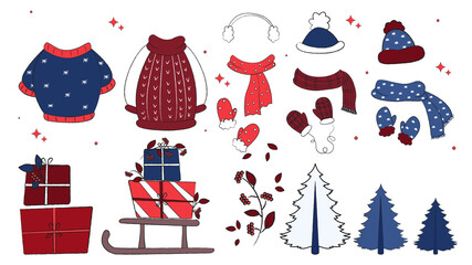 set of christmas elements, Set of winter clothes, scarf, hat, mittens, knitted warm sweater, collection of vector items of clothing for cold weather, doodles of winter clothes, winter set