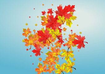 Fototapeta na wymiar Red Leaf Background Blue Vector. Leaves Collection Texture. Ocher Bright Foliage. Abstract Floral Design.