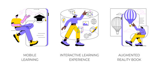 Fototapeta premium Interactive learning abstract concept vector illustration set. Mobile learning, augmented reality book, m-learning application, e-learning platform software, digital content abstract metaphor.