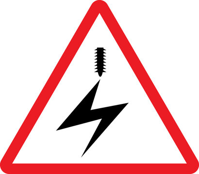 Electrified overhead cable warning sign. Red triangle background. Electrical safety signs and symbols.