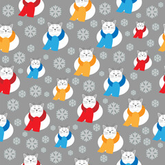 Seamless pattern of cute smiling winter cat with scarf