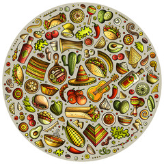 Set of Mexican food cartoon doodle objects, symbols and items
