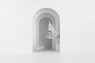 Abstract white stage mockup with black contrast arch decorated fern leaves for presentation cosmetic product, design, advertising in modern minimal simple exotic style.