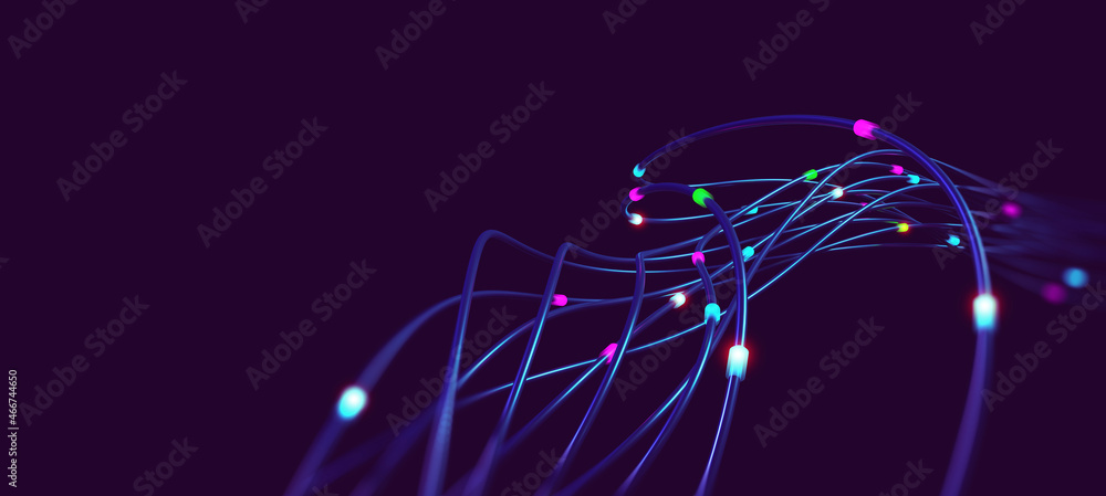 Leinwandbilder abstract nanofiber 3d illustration. twisted lines with dots of light. neuro impulse in cyber stream