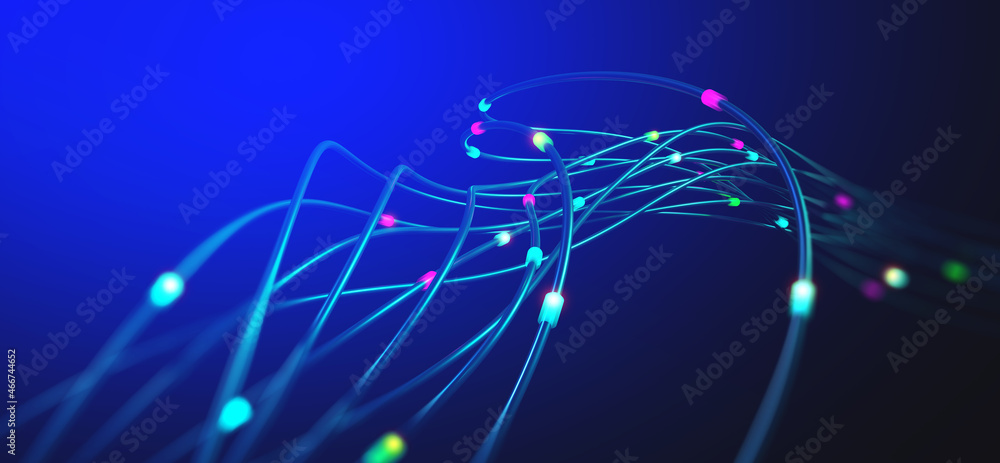 Leinwandbilder Abstract nanofiber 3D illustration. Twisted lines with dots of light. Neuro impulse in cyber stream