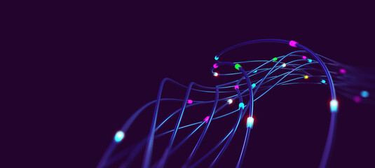 Abstract nanofiber 3D illustration. Twisted lines with dots of light. Neuro impulse in cyber stream