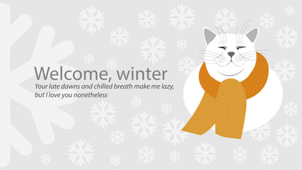 Welcome winter poster. Cute shorthair cat with scraf. Banner or greeting card in winter season.