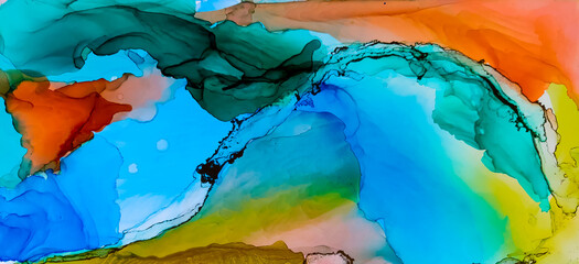 Background texture of alcohol ink in red and yellow and blue  and green colors.  Abstract  paint with drops and stains.