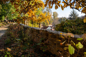 Public park in Kourim, autumn color leaf and fortification, Czechia.