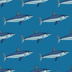 Seamless pattern shark Mako on blue background. Animal templates for fabric.