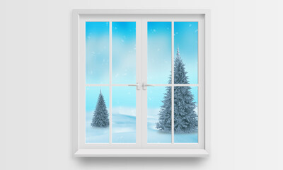 Christmas trees on a snowy meadow through the window. Concept of a comfortable stay at home