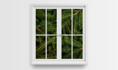 Christmas tree fir branches through the window concept