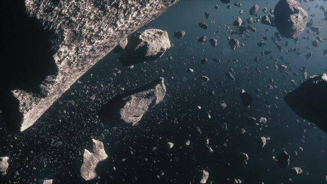 3d Render animation of Asteroids field in deep blue space with linear flying through camera move, close view
