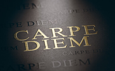 Seize the day. Carpe diem written with golden letters. Living the present moment.