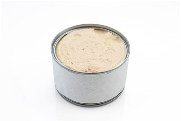 Turkey meat in metallic can isolated on white background