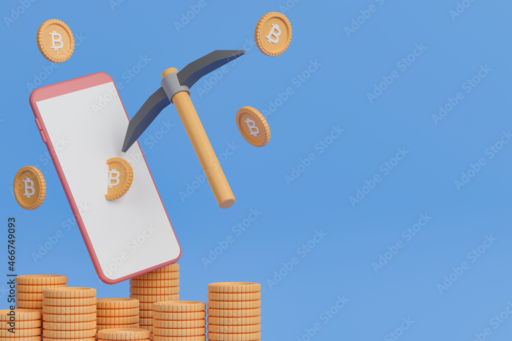Poster 3d rendering concept cryptocurrency mining on smartphone.