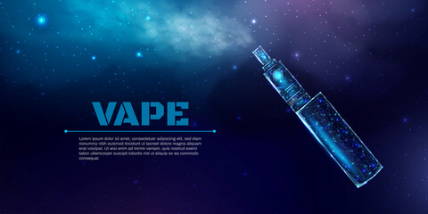 Vaping pen device kit and mod wireframe. Poster template with glowing low poly vaping box. Futuristic modern abstract. Isolated on dark blue background. Vector illustration.