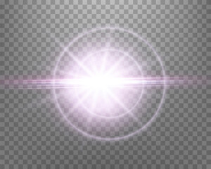 Sunlight lens flare, sun flash with rays and spotlight. Pink glowing burst explosion on a transparent background.  .Vector illustration.