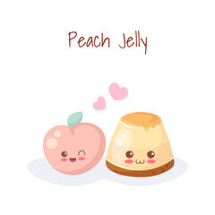 Cute Peach Fruit and Jelly Cake isolated on white background. Kawaii food vector illustration for kids menu, fabric print, greeting card. Happy adorable dessert characters. Light colors drawing.