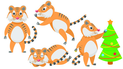 Set Abstract Collection Flat Cartoon 
Different Animal Tigers Stand, Jumping, Sleeping, Decorates The Christmas Tree Vector Design Style Elements Fauna Wildlife