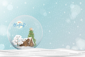 Merry Christmas gift snow globe with Xmas tree and house inside on snow in blue background,Winter wonderland landscape with Glass snow ball 3d design with abstact bokeh light for New year 2022