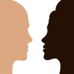 Silhouettes of a dark-skinned girl and a light-skinned guy on a white background.