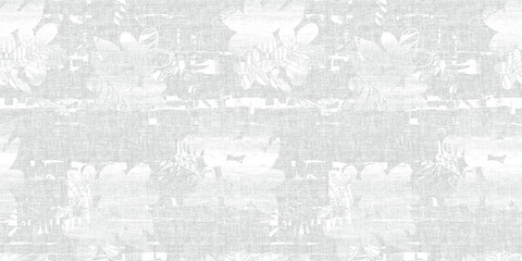 Modern exotic jungle plants on abstract linen textile texture effect illustration pattern. Creative collage contemporary floral seamless . Fashionable template for design.