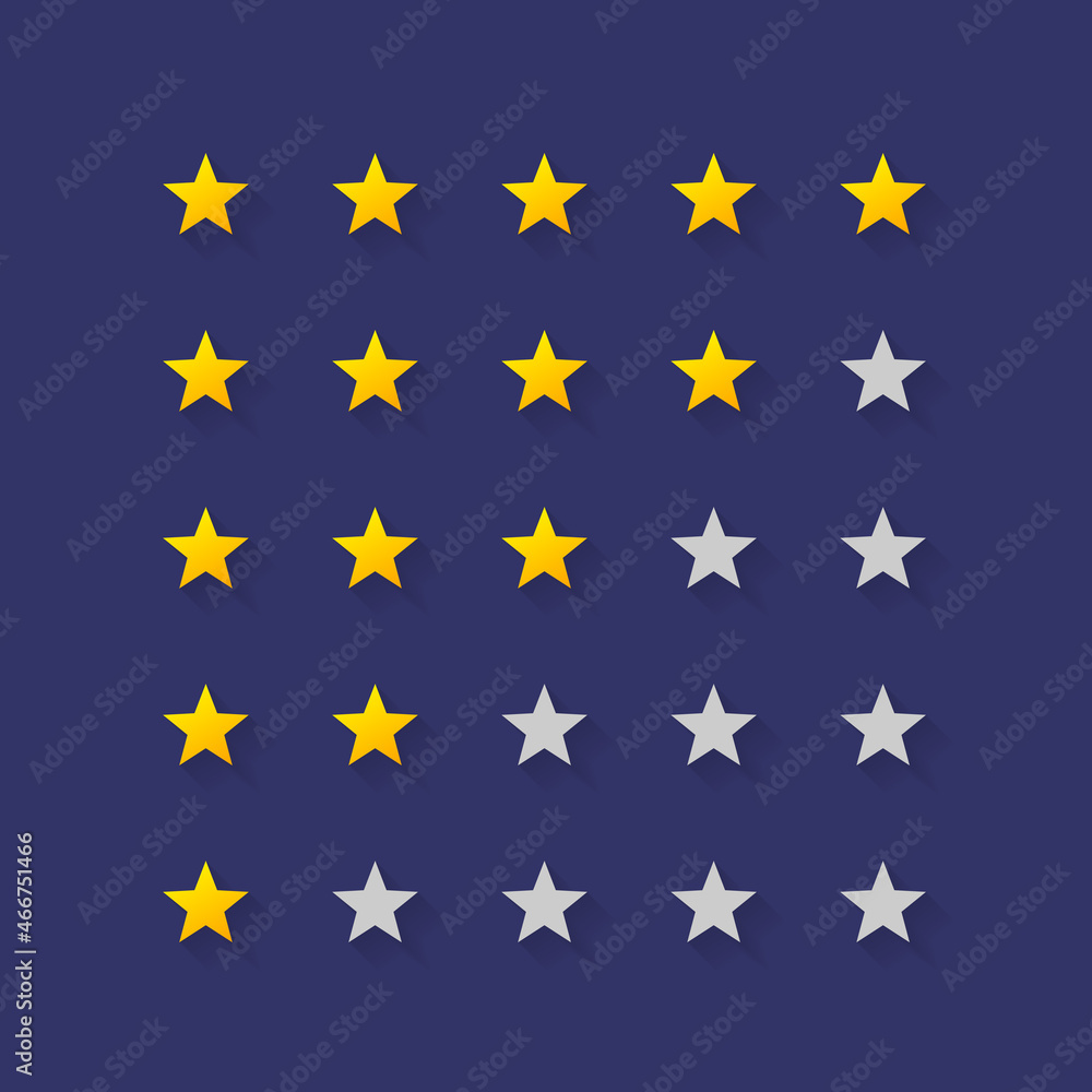 Poster 5 star rating vector symbols set for website or app. stars set on dark blue background