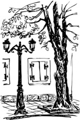 A piece of the street with a tree, a lamppost and a window. Sketch.