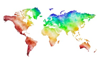 Watercolor world map isolated on white. Rainbow  world, LGBT symbol