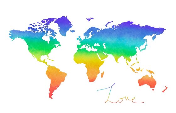 Watercolor world map isolated on white. Rainbow gradient world, LGBT symbol