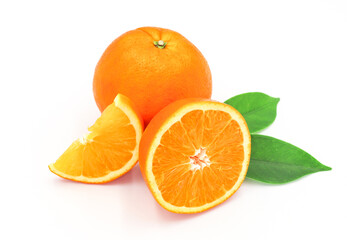 halved orange and green leaves isolated on white background