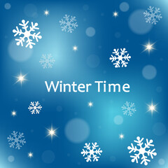 Fototapeta na wymiar Vector blue winter holiday background. Winter time white text.