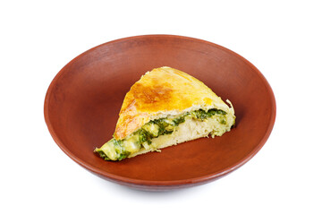 Piece of pie with spinach and cheese isolated on white background