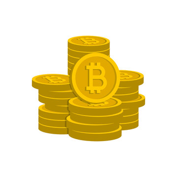 Stack of bitcoin coins in gold. Money icon 3d style isolated on white background. Vector illustration 