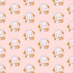 Seamless vector pattern of cute kotai japanese kawai cat with popcorn on pink background, for wallpaper, background, ornament, clothes