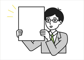 ボードを持って発表するスーツを着た男性のイメージイラスト素材