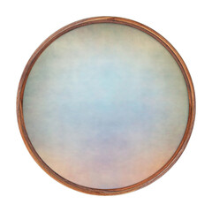 Wooden brown frame. Empty square frame with colored abstract fill texture isolated on white...