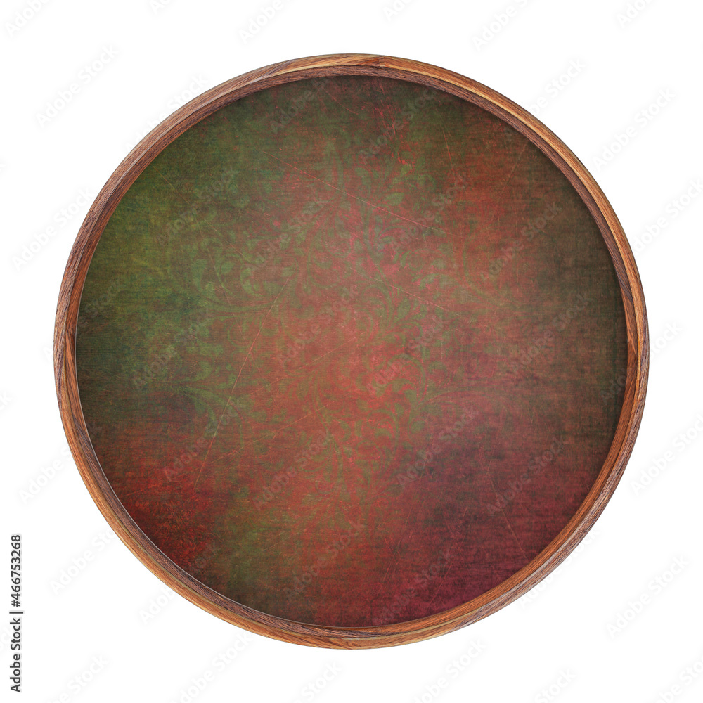 Poster wooden frame. empty brown square frame with red green abstract fill texture isolated on white backgr