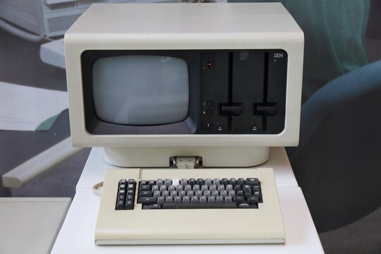 TERRASSA, SPAIN - OCTOBER 6, 2021: IBM 5281 early 1980s obsolete PC computer system. Collectible vintage computer hardware.