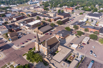 Fototapeta na wymiar High aerial view of the small farming community of Madison, South Dakota