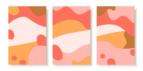 Simple color vector illustration. Set of posters in pink-brown tones. For prints, brochures, flyers. Calm wavy shapes, spots.