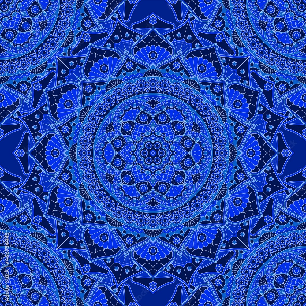 Sticker Seamless pattern with floral mandala in blue colors. Vector drawing.