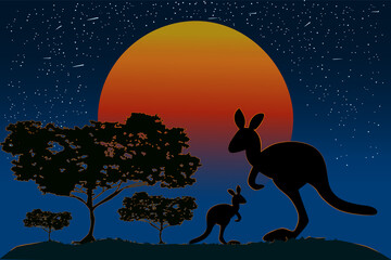 Silhouette of kangaroo family on sunset background. Two wallaby at australian landscape with orange sunrise and acacia trees. Wild nature of Australia. Australia day banner. Stock vector illustration