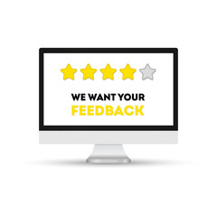 Website with five stars and computer screen. Concept of customer feedback score, rating, ranking, review, internet site user experience evaluation. Flat vector illustration for poster.