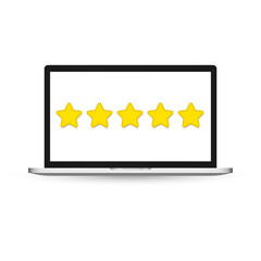 Website with five stars and laptop screen. Concept of customer feedback score, rating, ranking, review, internet site user experience evaluation. Flat vector illustration for poster.